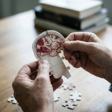 Elderly Hands Assembling Brain Puzzle Symbolizing Memory Loss Dementia Alzheimers Cognitive Health