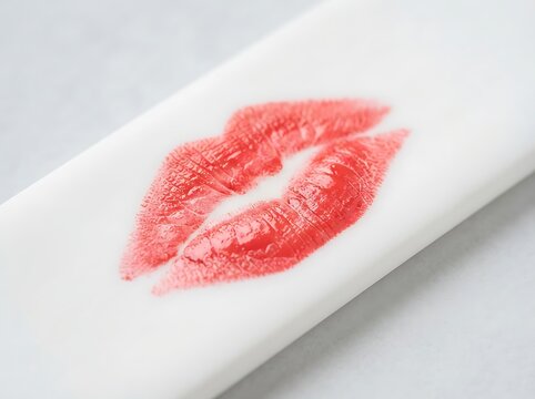 Lipstick kiss mark photo, red lip print on white background, romantic cosmetic makeup concept