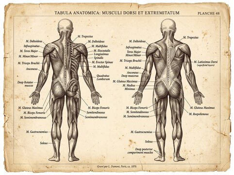 Vintage anatomical illustration of human muscular system with front