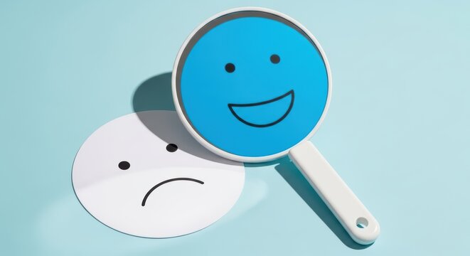A magnifying glass showing a happy face over a sad face