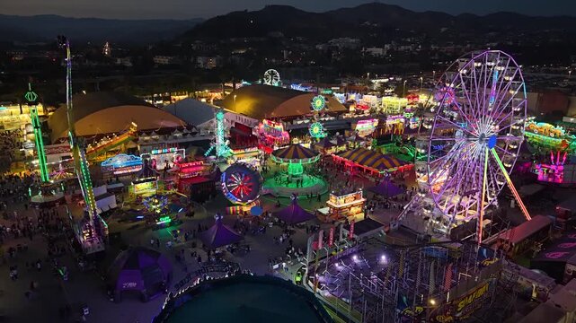 CALIFORNIA - 9.2.2026 - Wonderful aerial view of colorful carnival rides at the Ventura County Fair at night.