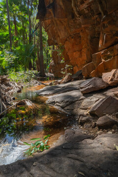 Low light in rugged narrow gorge with rocky track and stream