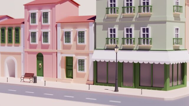 City streets animation. 3D render, stylized cartoon design, looped motion graphics. Urban transportation, taxi service. European-inspired architecture, cafes and stores, apartments