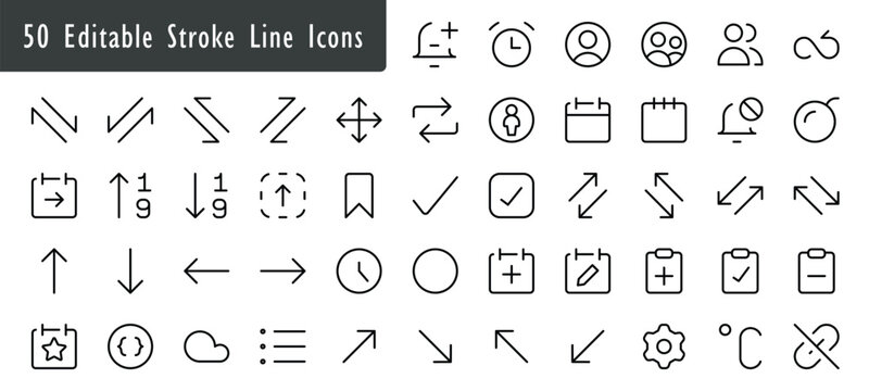 50 Editable Stroke Line Icons Set, Minimalist User Interface Vector Symbols, Black Outline Mobile Web App Graphic Elements