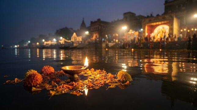 Diwali diya lamp floating with marigold flowers on the Ganges river at night