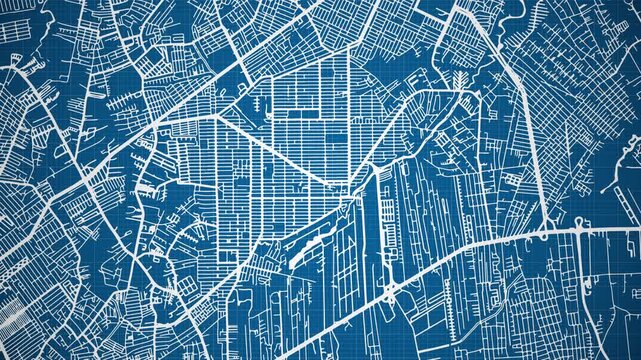 Ink reveal animation of Ananindeua city, Par&aacute;, Brasil (Brazil) grid map. Aerial top view. Blueprint style. White lines with blue background. 4K Seamless loop.