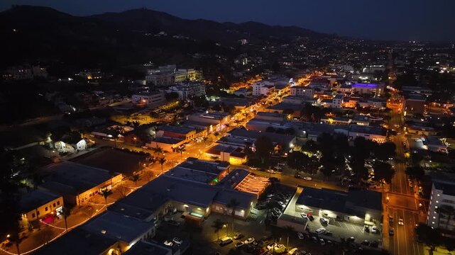 CALIFORNIA - 9.2.2026 - Gorgeous aerial footage moving over downtown Ventura, California at night.