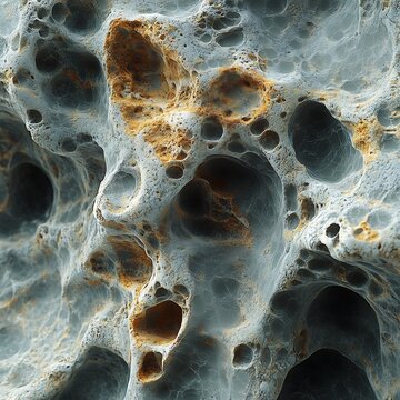 Textured grey mineral surface with deep cavernous pits and orange oxidized mineral deposits