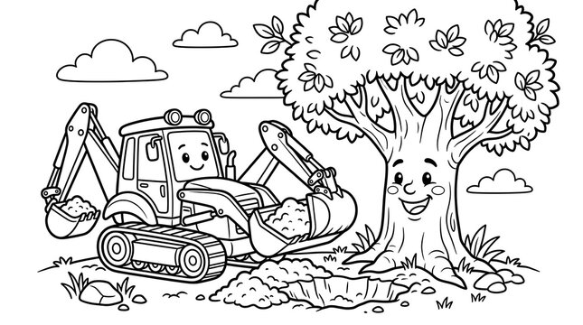 Cartoon backhoe loader digging near a happy tree for coloring page