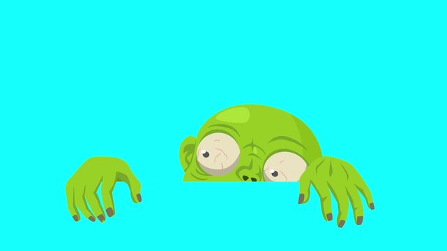 Funny cartoon zombie peeking on blue screen, ideal for Halloween videos, spooky promos, and chroma key effects.