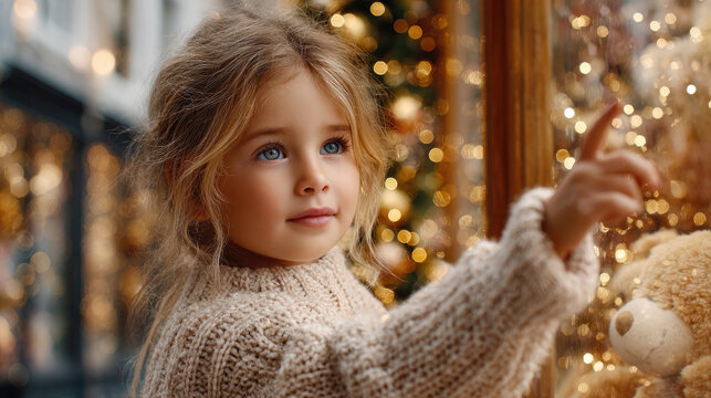 Young girl looking with wonder at a festive christmas showcase, pointing at a teddy bear, experiencing the joy of holiday season and childhood dreams