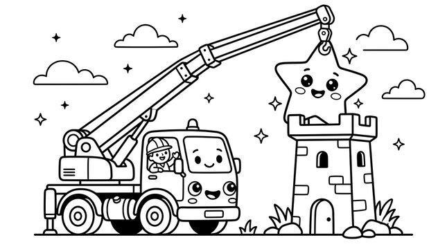Cute crane truck lifting a smiling star onto a castle coloring page