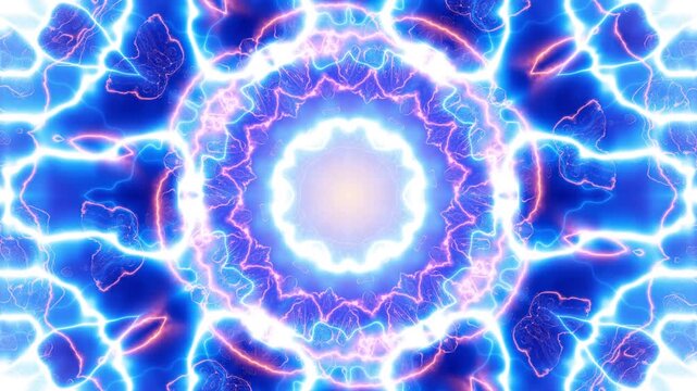 Centered kaleidoscopic energy bloom with star-shaped violet lightning core surrounded by warm golden-orange glow and smoky textures, with
