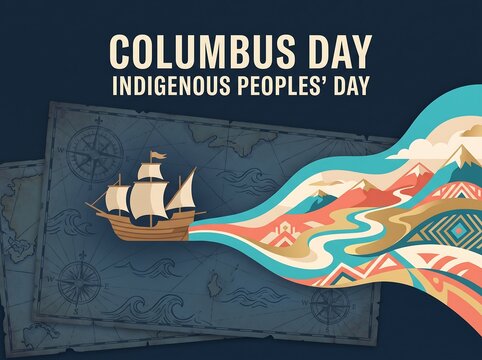 Columbus day and indigenous peoples day concept with ship and stylized landscape