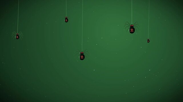 Classic halloween animation with black spiders dropping and rising on web strings against dark green background loop