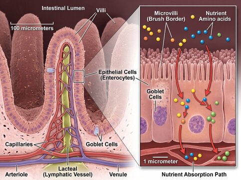 Detailed anatomical cross-section of the human intestinal lining showing villi