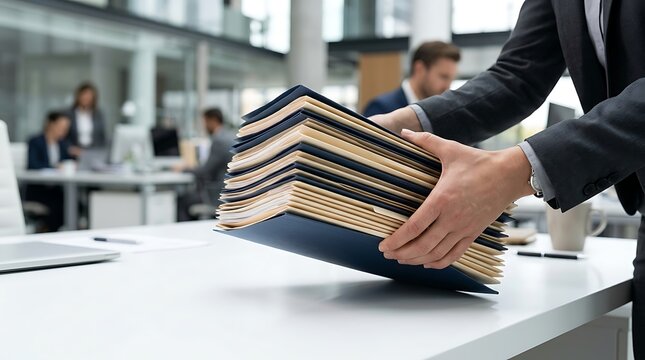 Businessman holding large stack of document folders in modern corporate office background representing heavy workload, administrative paperwork, and organization