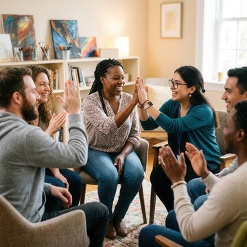 Diverse group of people in therapy session celebrating success with high fives and smiles feeling supported and connected
