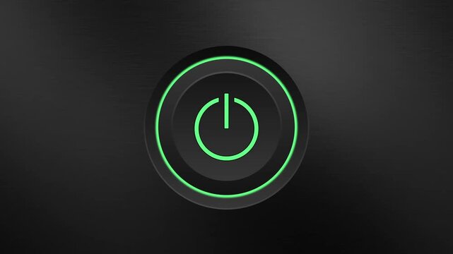 Animation of a power button turning on and off against a metallic black background.