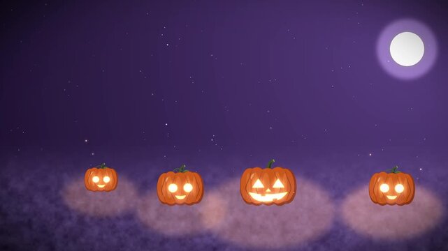 Classic halloween pumpkins glowing in a row on a violet night with a full moon and twinkling stars motion background