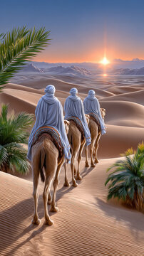 Three wise men riding camels through vast desert dunes towards a shining sunrise over the calm ocean, representing their pilgrimage journey and biblical christmas nativity story