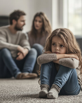 Sad girl sitting while parents argue in background