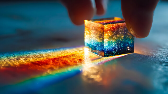 Hand holds rainbow glass cube, refracting colorful light on a surface.