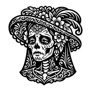 Elegant sugar skull with floral hat and lace