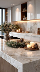 Obraz premium Modern kitchen island featuring elegant christmas decorations with glowing candles, festive pine branches, and sparkling string lights creating a warm holiday atmosphere for product presentation