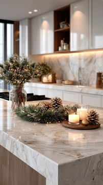 Modern kitchen island featuring elegant christmas decorations with glowing candles, festive pine branches, and sparkling string lights creating a warm holiday atmosphere for product presentation