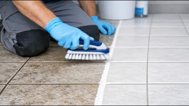 A person in blue gloves cleaning a tile with a brush, showing attention to detail