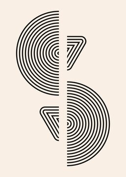 Monochrome black concentric semicircle curves and zigzag angles on beige