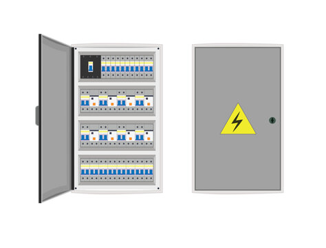 Electrical panel with switches, fuse, contactor, wire, automatic circuit breaker. 