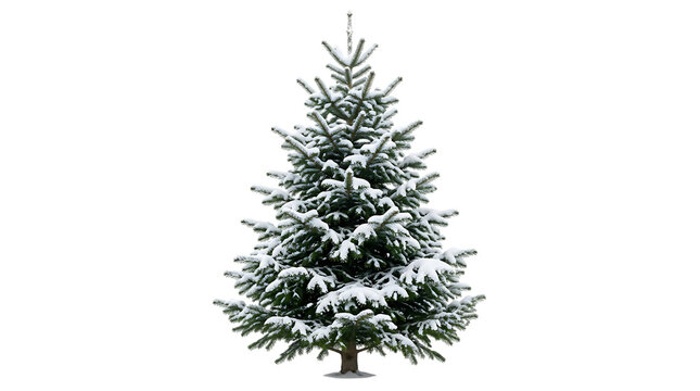 Single snow covered spruce christmas tree with snowy tree winter tree seasonal on transparent background