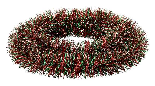 Round christmas wreath made of red and green metallic tinsel with holiday wreath on transparent background