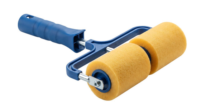 Paint roller with yellow sponge roller head for wall painting on transparent background