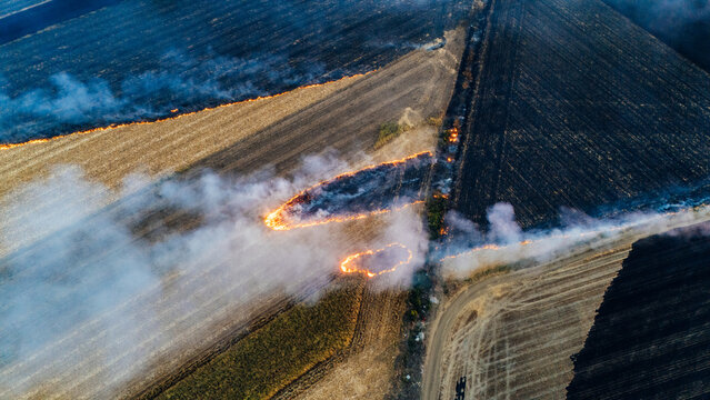 Aerial view of a field fire burning through agricultural land with thick smoke rising over the crops in Sremska Mitrovica, Vojvodina, Serbia.