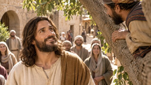 Jesus looks up at Zacchaeus in a tree as a crowd gathers in a village street. Biblical story of Jesus and Zacchaeus. Christian scripture and salvation. Gospel teaching and faith.