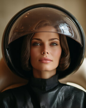 Young woman under salon hair dryer during beauty treatment