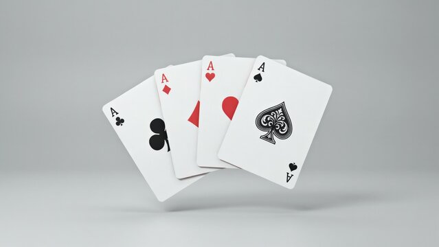 Four aces playing cards, winning poker hand of four of a kind aces, minimalist casino gambling game assets on grey background