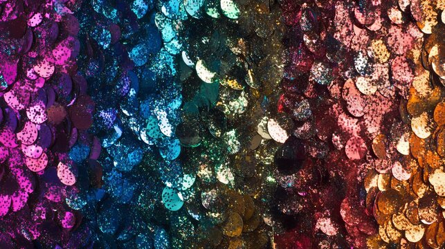 Vibrant sequins shimmer in shades of pink, blue, and gold, creating a dazzling, textured surface, perfect for glamorous design