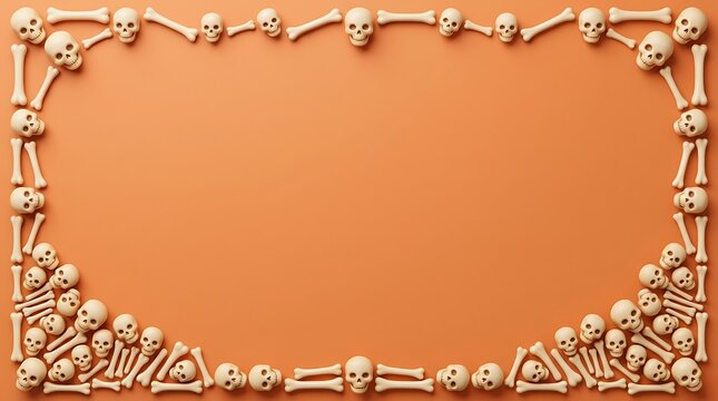 Flat lay frame of miniature skulls and bones on orange background