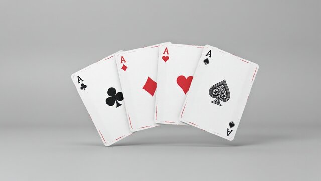 Four aces playing cards fanned out on gray background, winning poker hand four of a kind, aces sequence for casino gaming and gambling design