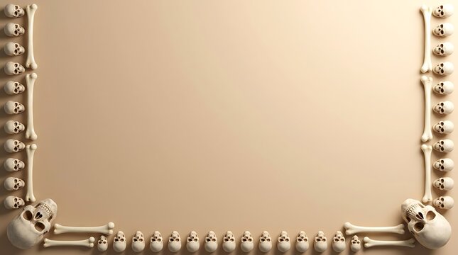 Halloween border frame made of miniature skulls and bones on beige background