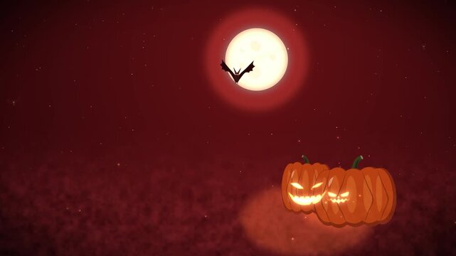 Festive animated halloween background shows glowing pumpkins with bats flying around a blood moon at night
