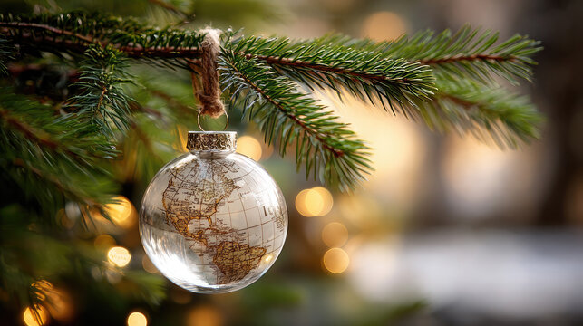 Transparent glass bauble with detailed world map inside, hanging from a fir branch with sparkling bokeh lights, symbolizing global travel, commerce and festive connections