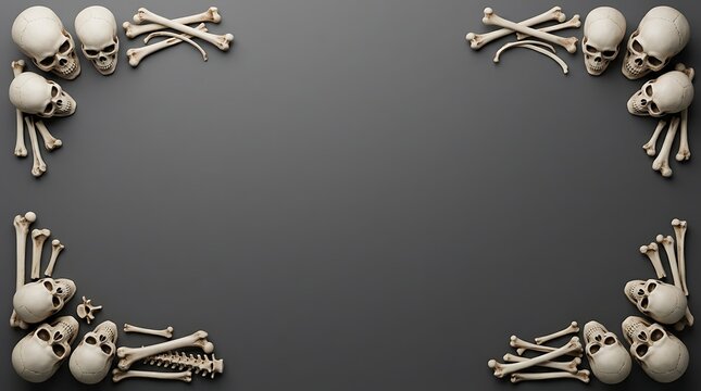 Human skulls and bones arranged as a frame on a dark gray background