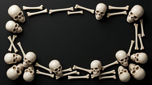 Human skulls and bones arranged as a rectangular border on black background