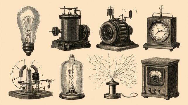 This hand drawn engraving shows early light bulb, dynamo generator, galvanometer, and other inventions from the Victorian era.