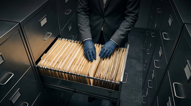 Searching confidential files in filing cabinet with gloves for corporate espionage or forensic investigation in dark archive room